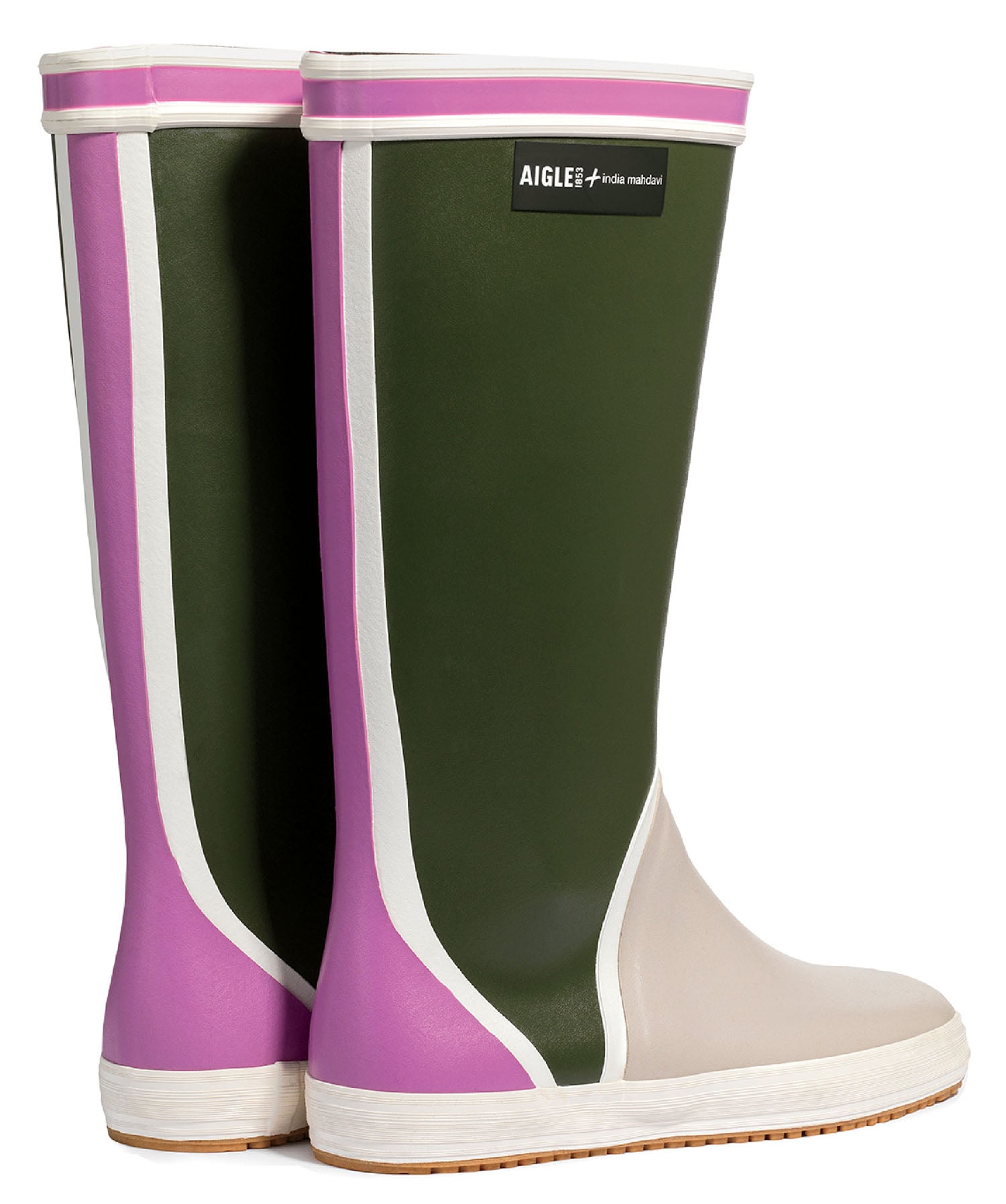 A pair of green and pink rain boots.