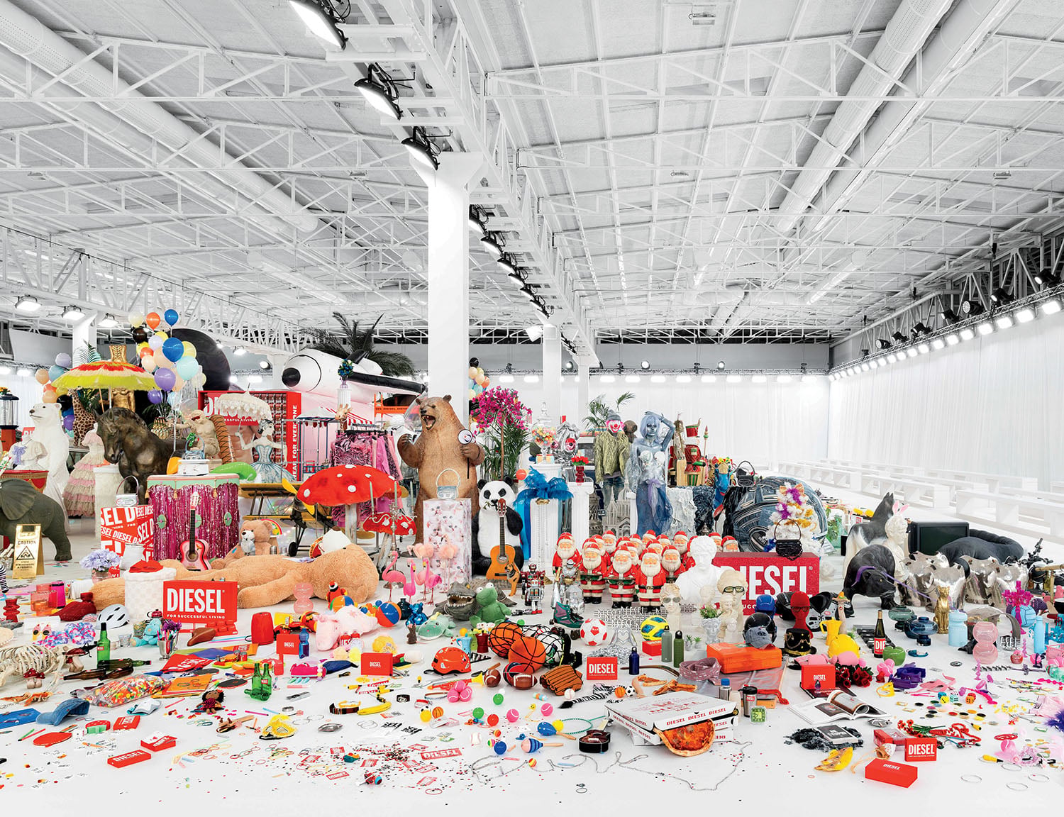 A large pile of toys and other items in a room.