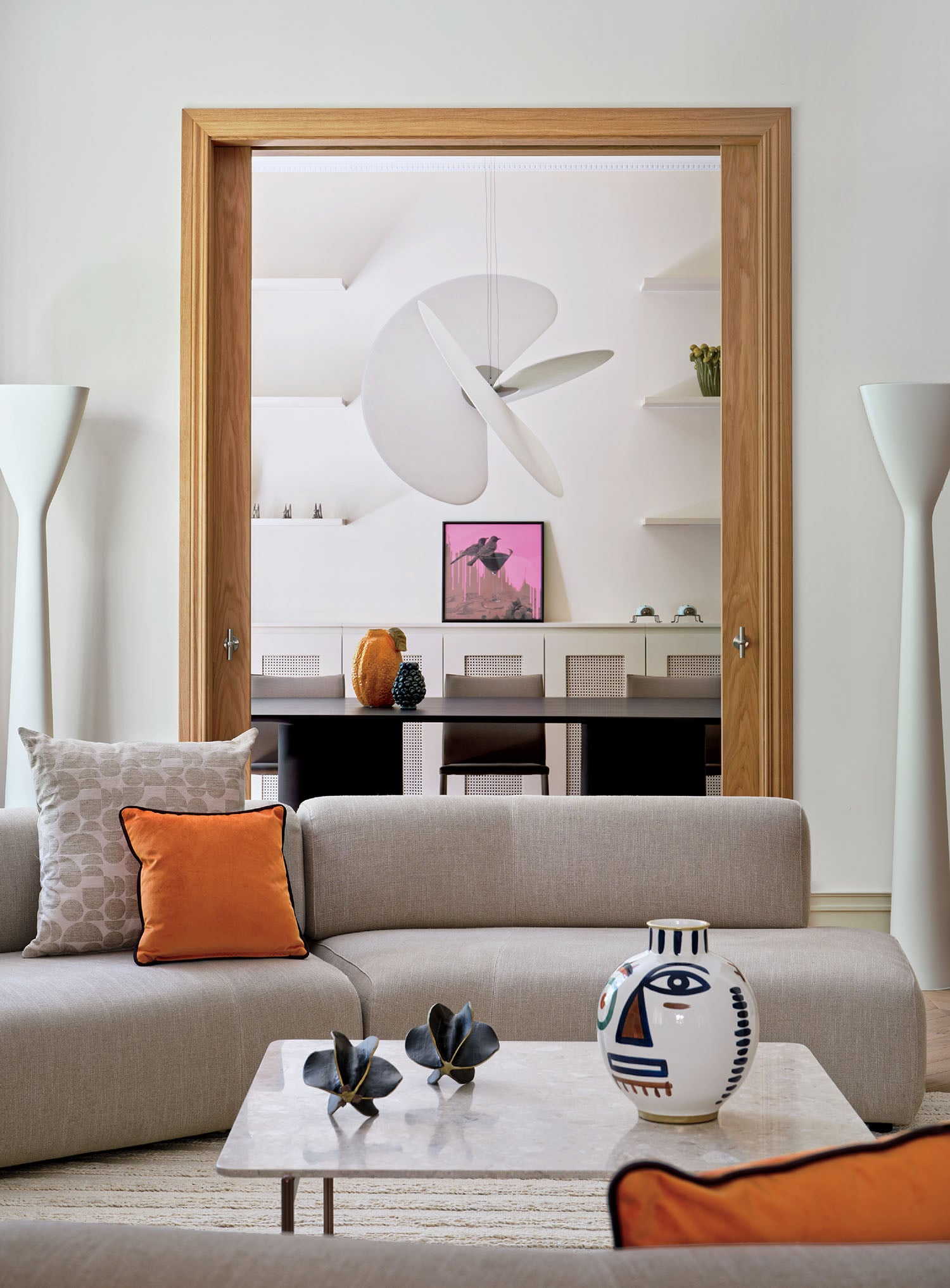 A living room with a couch and a coffee table.