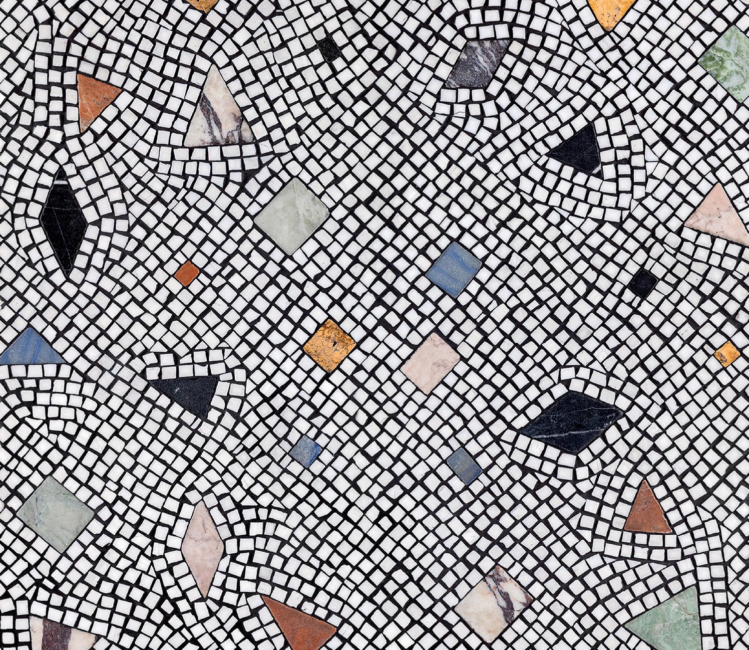 A mosaic tile pattern with a black and white background