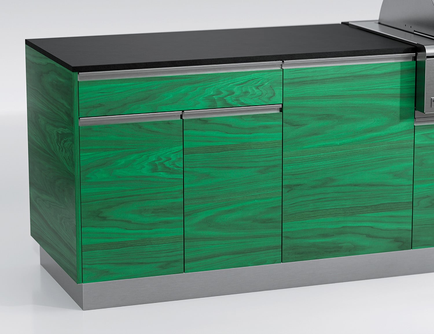 A green and black cabinet with a stove