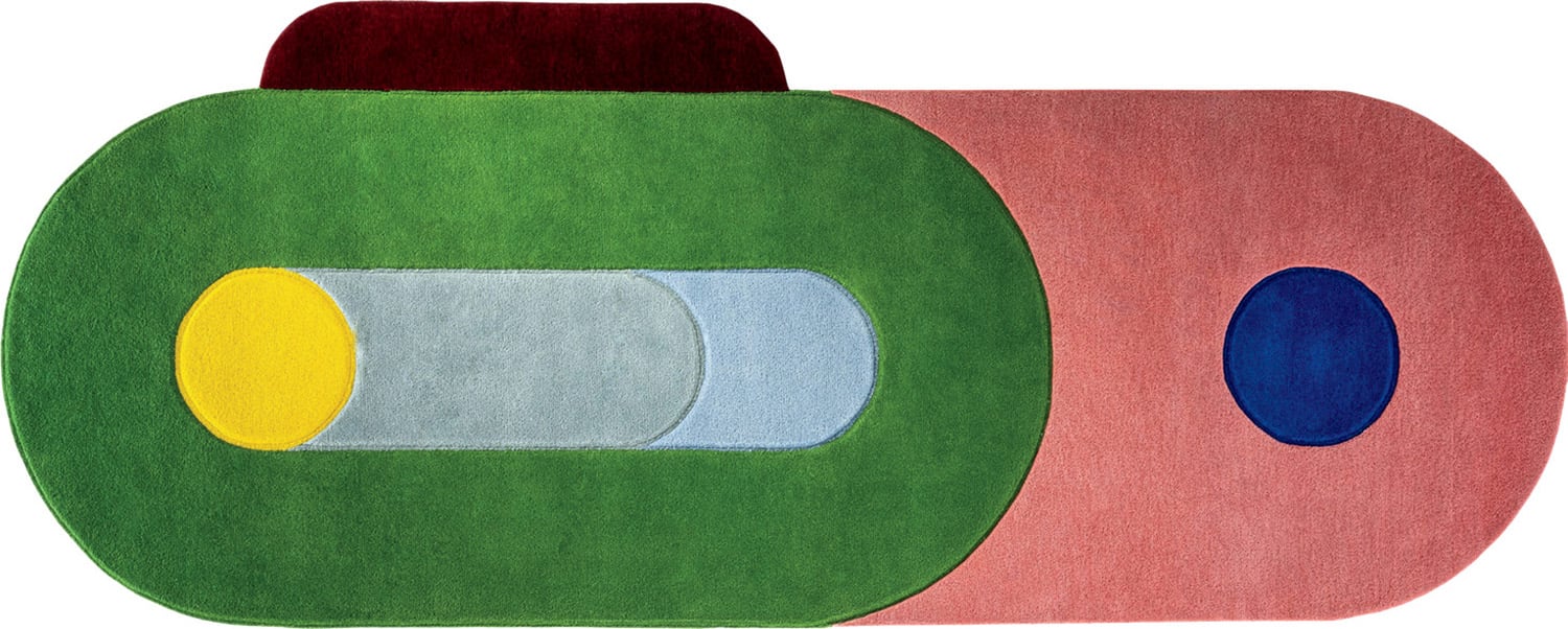 A painting of two shapes with one green and one red