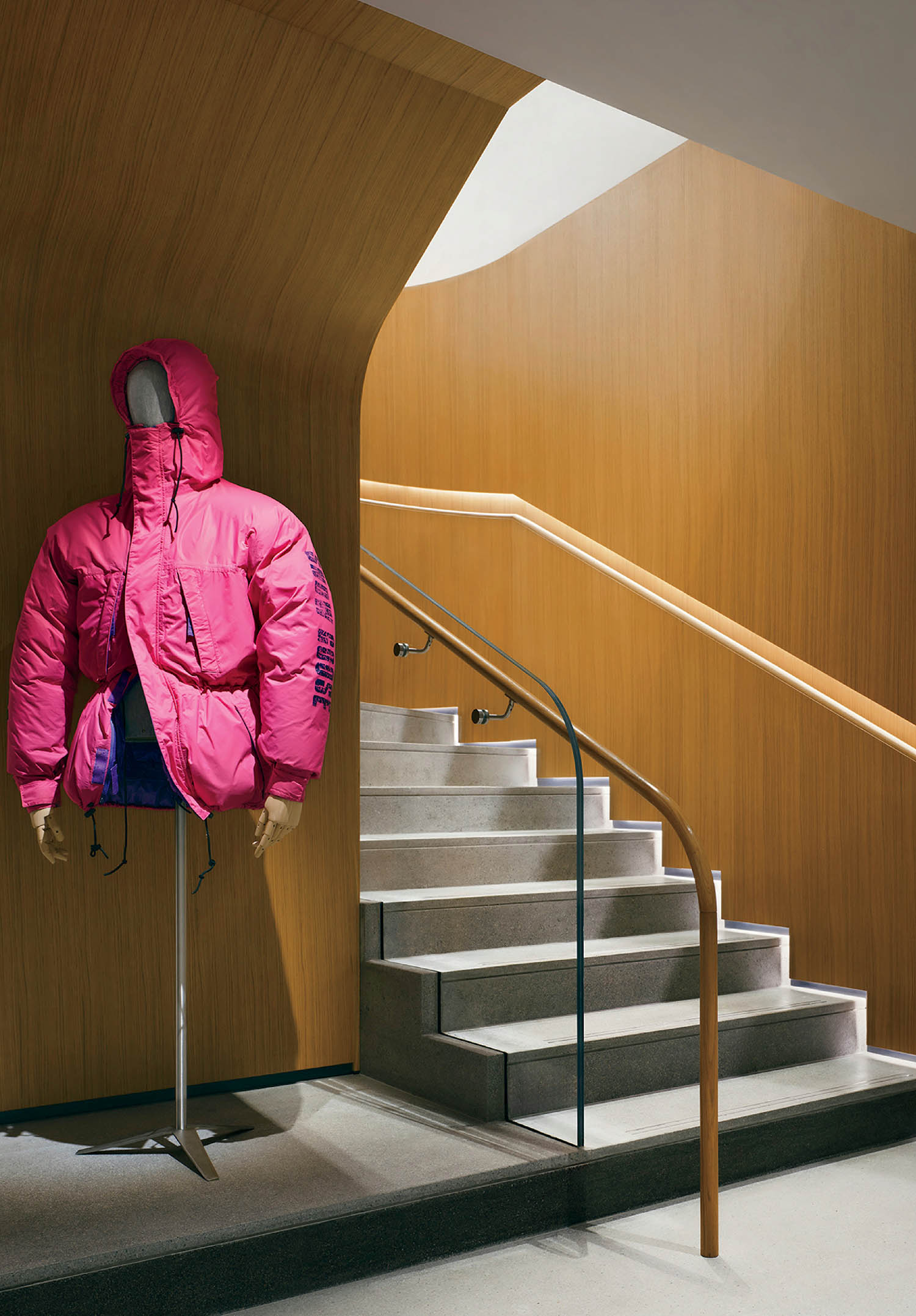 A pink jacket on a manne.