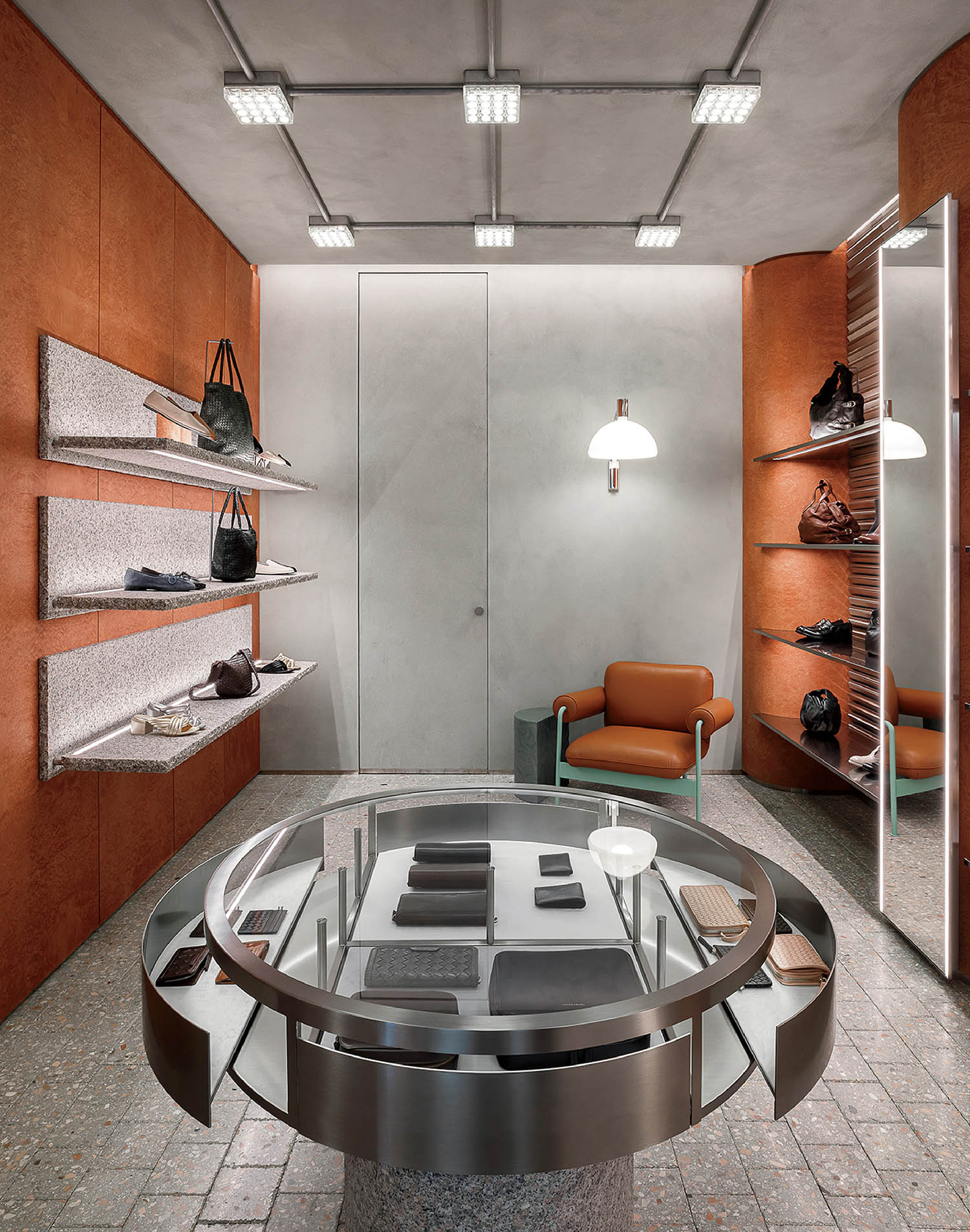 A room with a table and a chair.