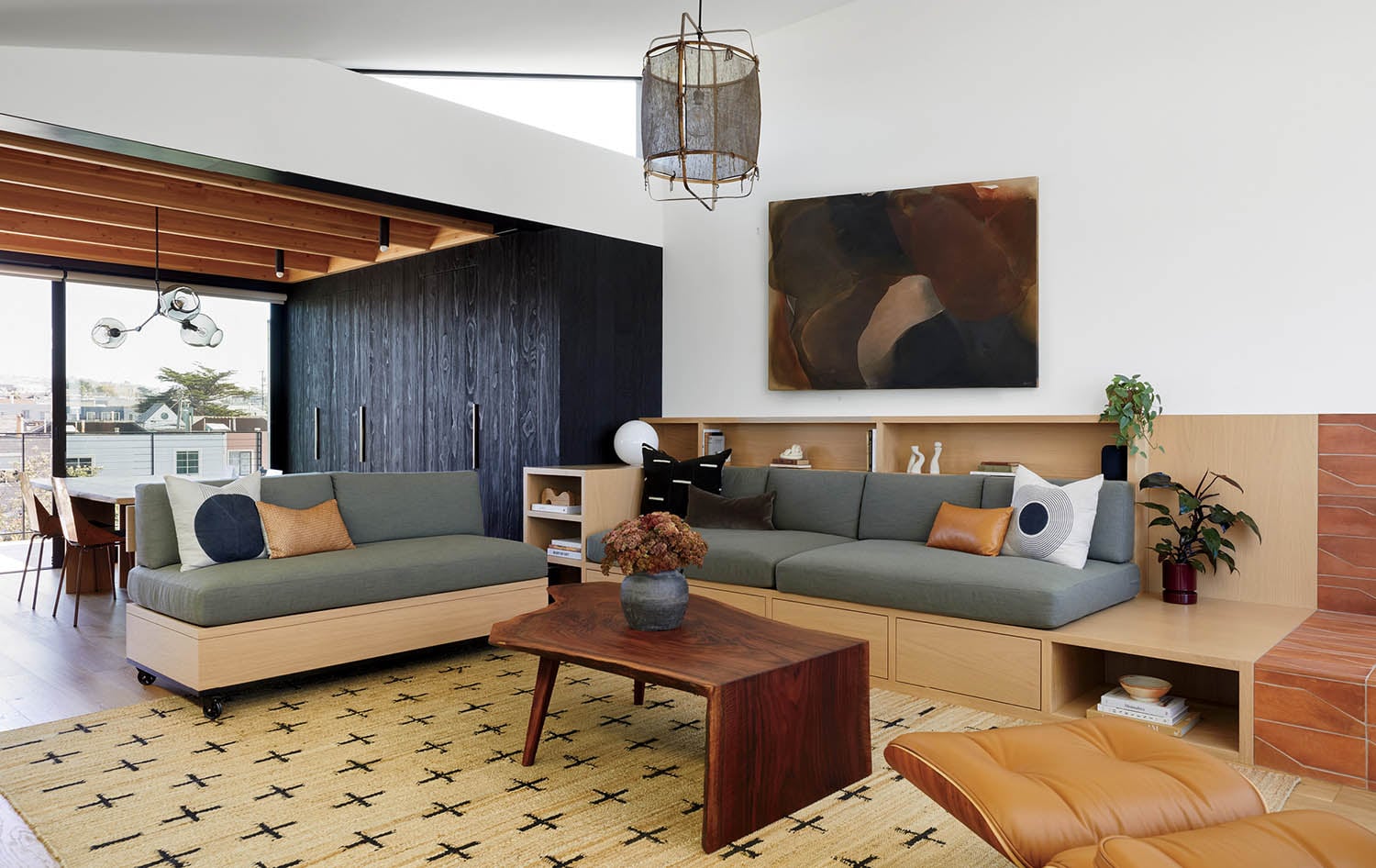 A living room with a couch and a coffee table.