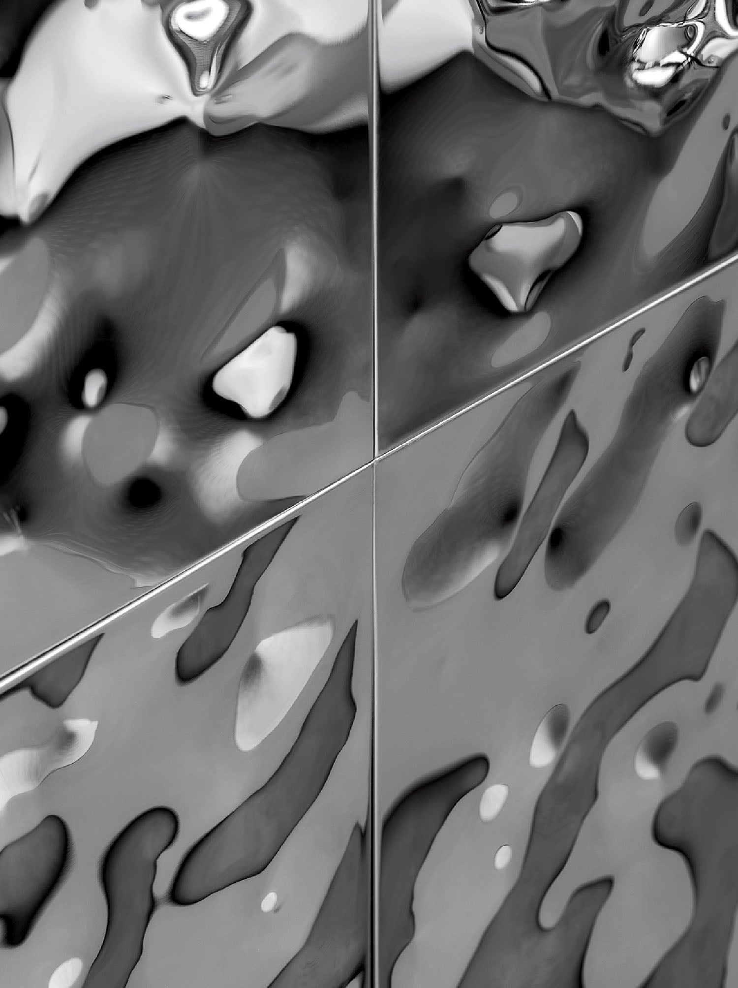 Close-up of four metallic tiles with a wavy, distorted reflective surface, arranged in a grid with visible seams crossing at the center.