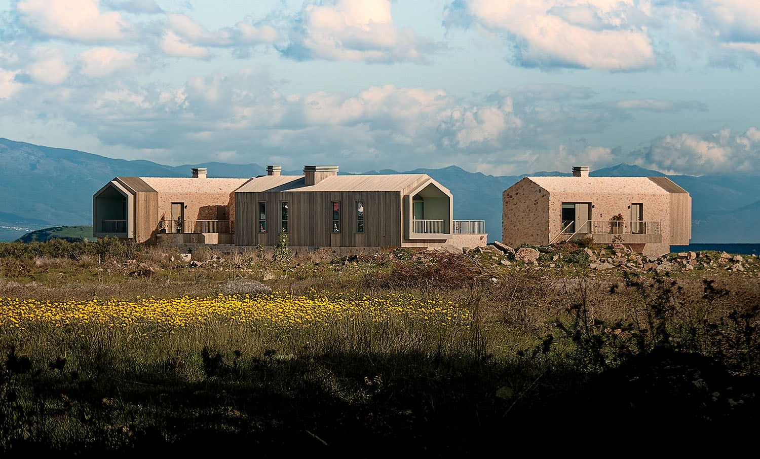 Three modern, minimalist cabins with wooden exteriors and large windows sit on a grassy landscape with mountains and a cloudy sky in the background.