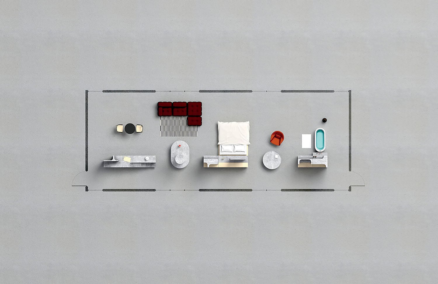 Top-down view of a minimalist room layout featuring a bed, sofa, tables, chairs, a bathtub, and various furnishings arranged in a rectangular open space.
