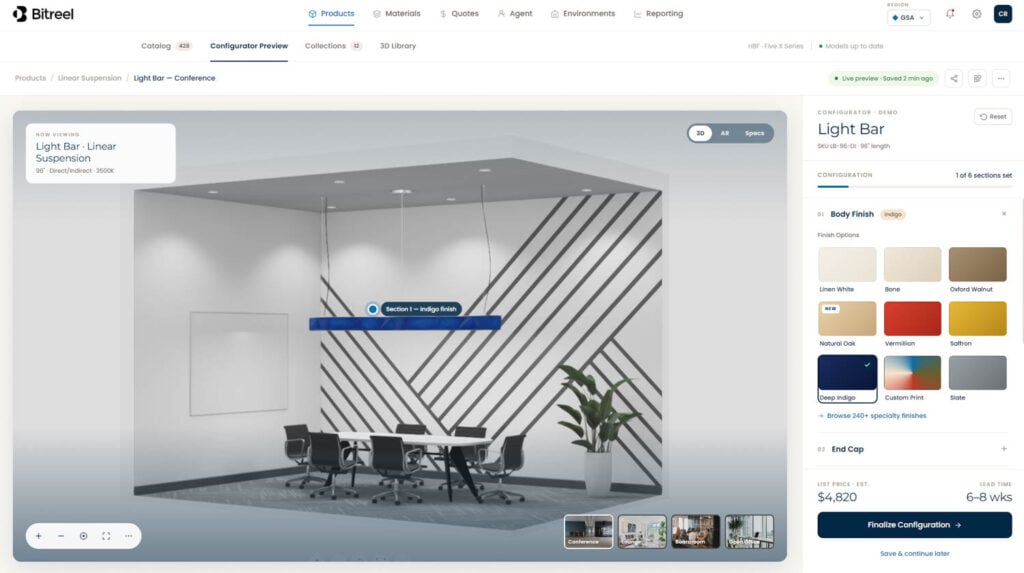A modern conference room with a table, six chairs, a blue linear light fixture, geometric wall design, and potted plants.
