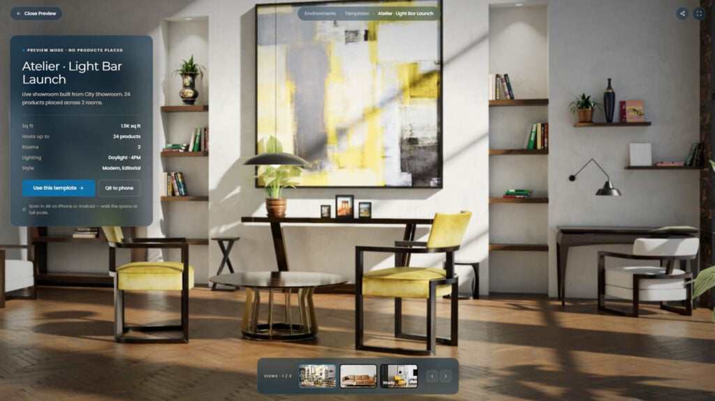 Modern living room with yellow accents, abstract art on the wall, bookshelves, plants, and a round coffee table; informational overlay about a light bar launch on the left.