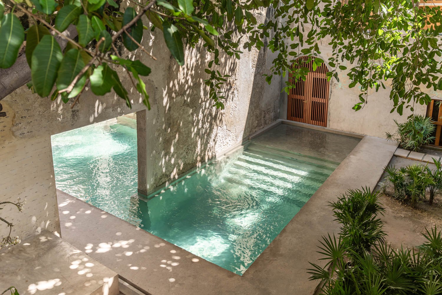 A rectangular outdoor pool is partially shaded by tree branches, surrounded by light-colored walls and tropical plants. Sunlight creates reflections on the water.