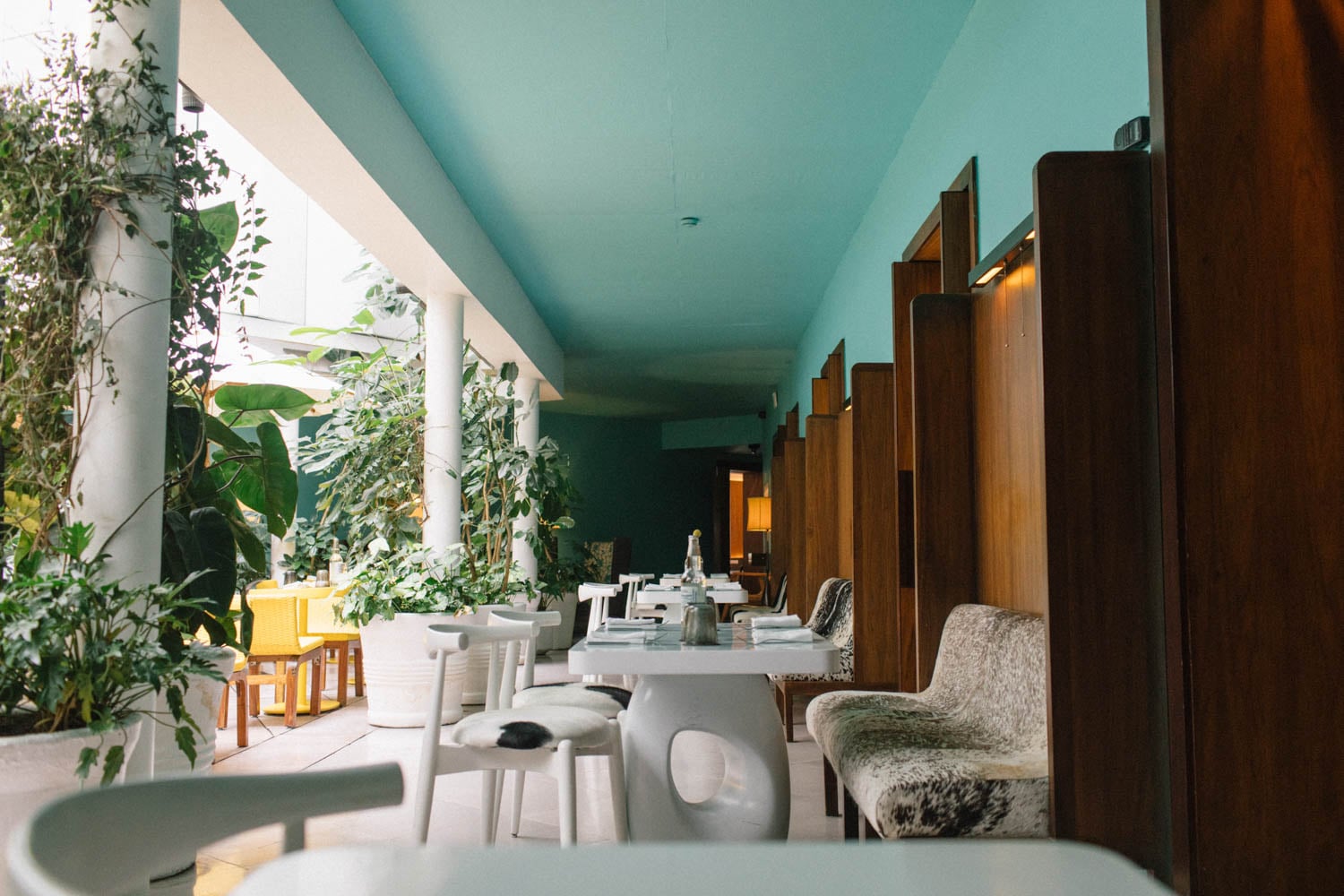 Modern indoor-outdoor restaurant with white tables and chairs, cushioned seating, wood panel dividers, and abundant green plants under a light blue ceiling.