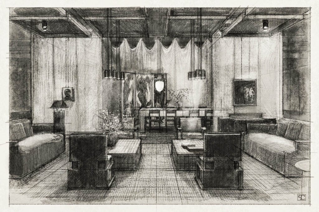 A black and white sketch of a modern living room, inspired by ICFF designs, with sofas, armchairs, a coffee table, pendant lights, draped curtains, and framed artwork on the walls.