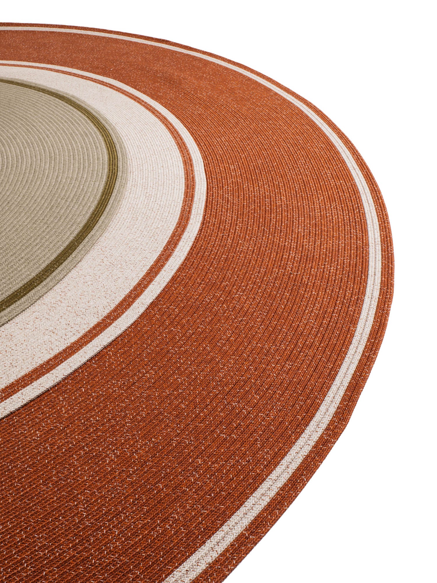 Oval-shaped rug with concentric rings in terracotta, beige, and off-white colors, displayed on a white background.