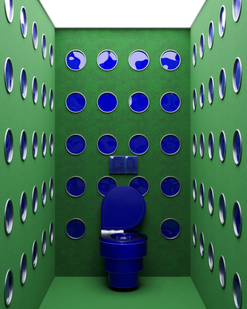 A small green bathroom with circular holes on the walls and a blue toilet centered under blue circular windows on the back wall.