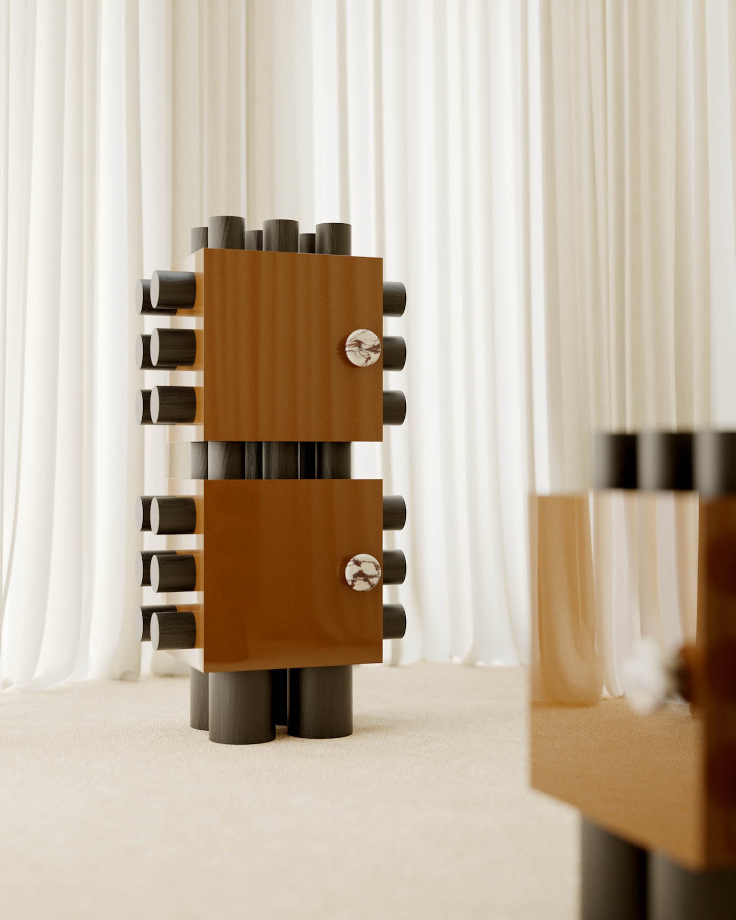 A modern cabinet with glossy brown doors and cylindrical black legs stands in a room with beige carpet and white curtain backdrop.