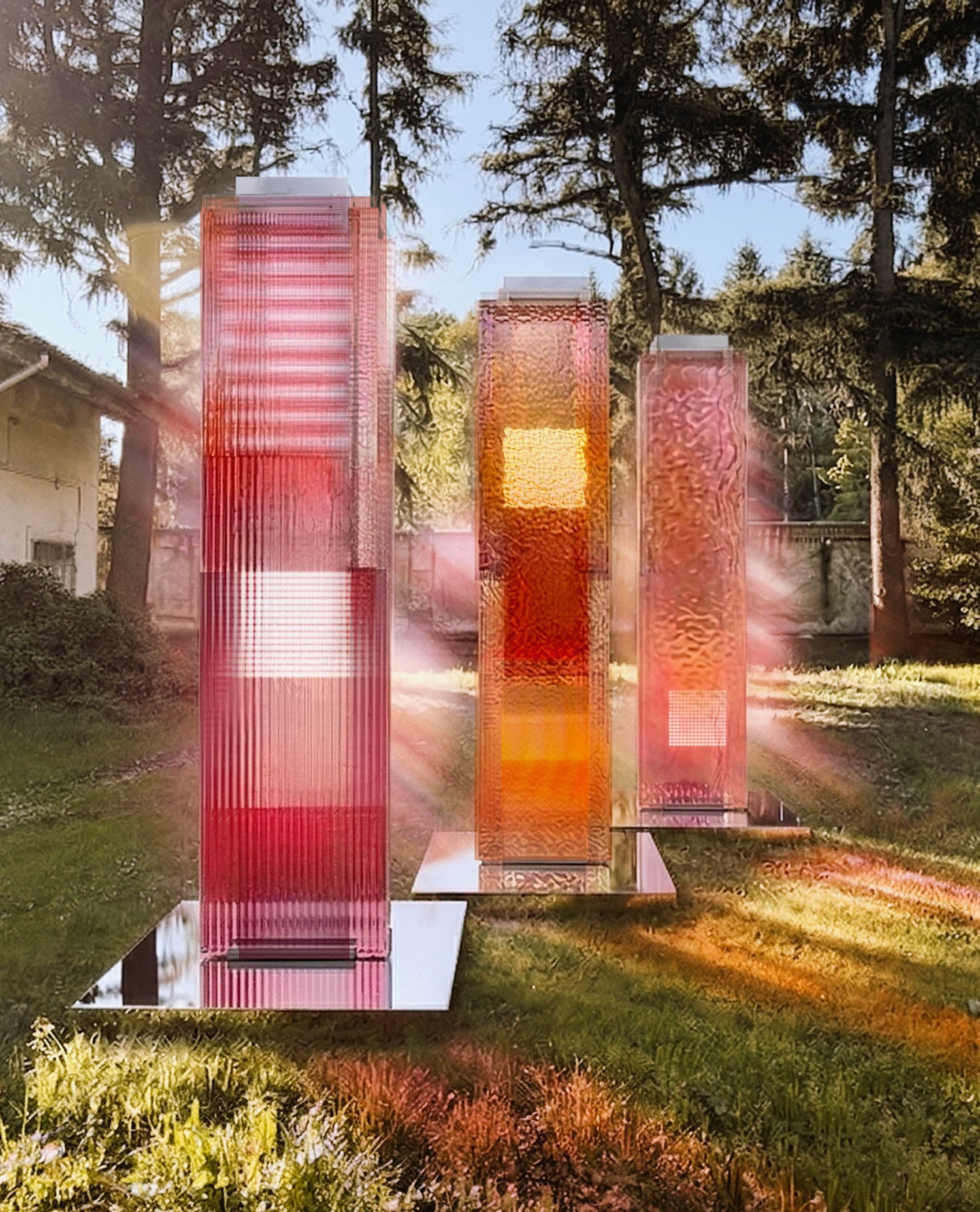 Three tall, rectangular glass sculptures in red and orange hues stand on the grass with sunlight streaming through them, creating colorful reflections and patterns.
