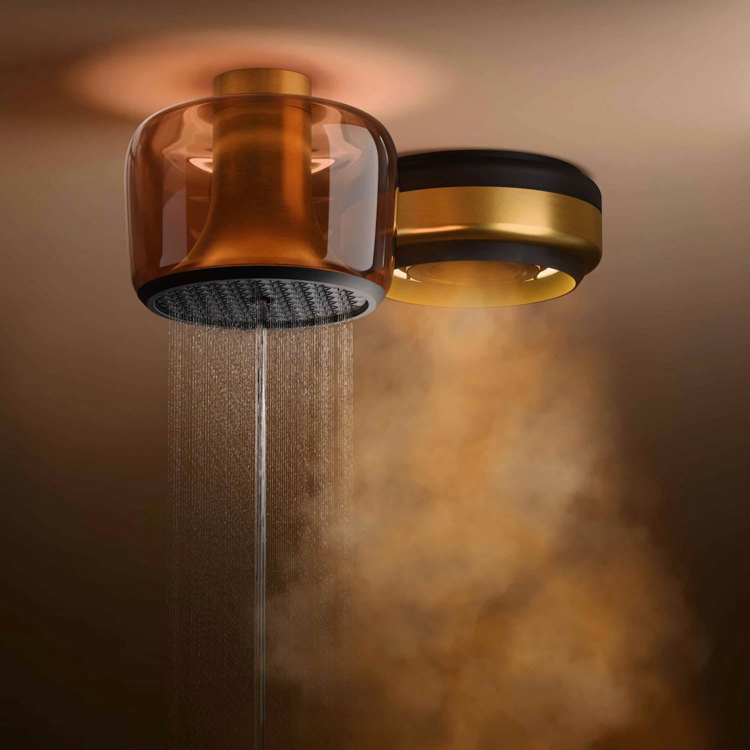 A modern ceiling shower fixture with bronze and black accents, emitting water and steam simultaneously against a brown background.