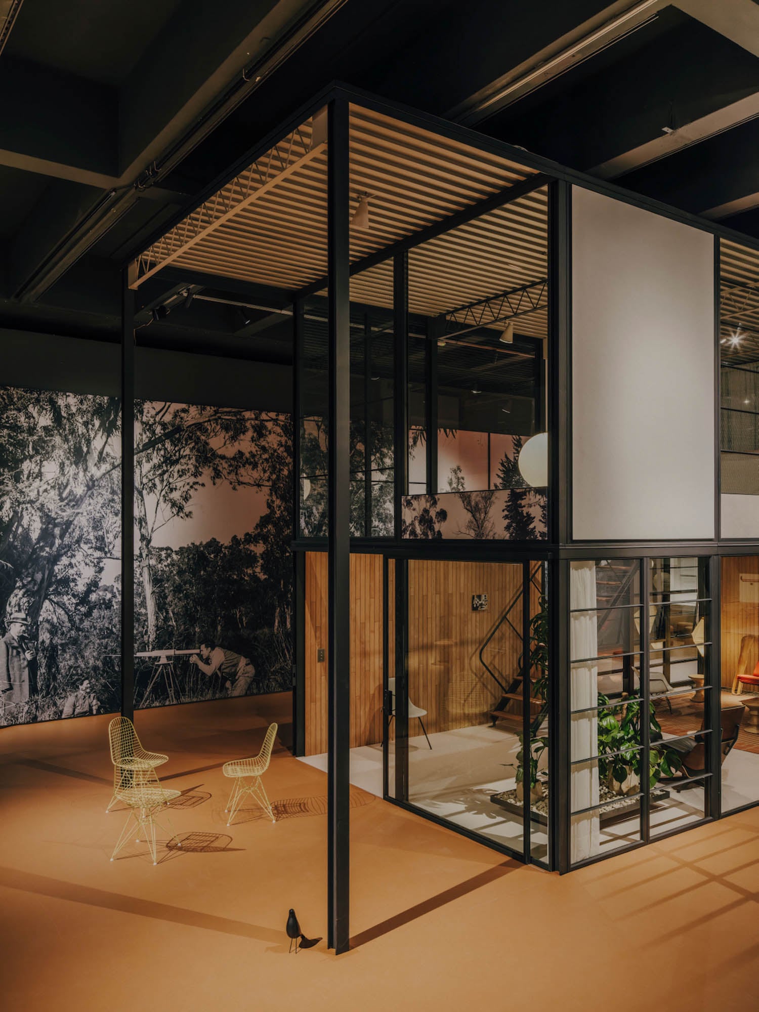 Modern interior featuring a glass-walled structure with black metal frames, two yellow chairs, indoor plants, and a large mural of trees on the wall behind.