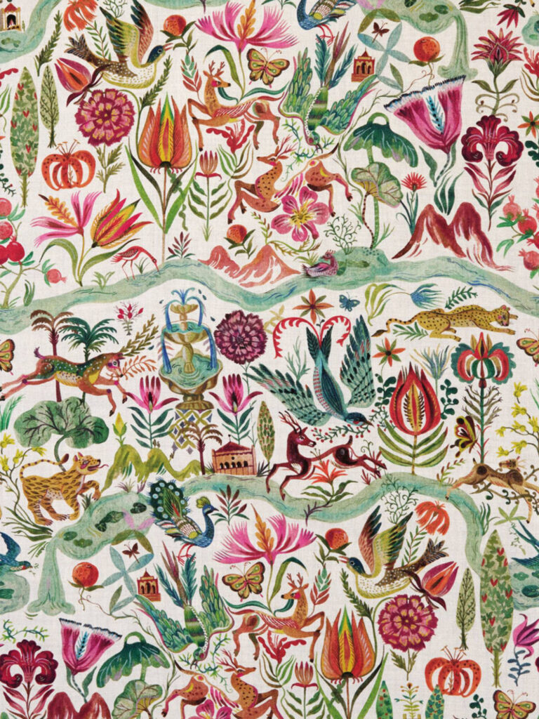 Colorful, intricate pattern featuring birds, flowers, butterflies, deer, and foliage in a lively, hand-painted style on a white background.
