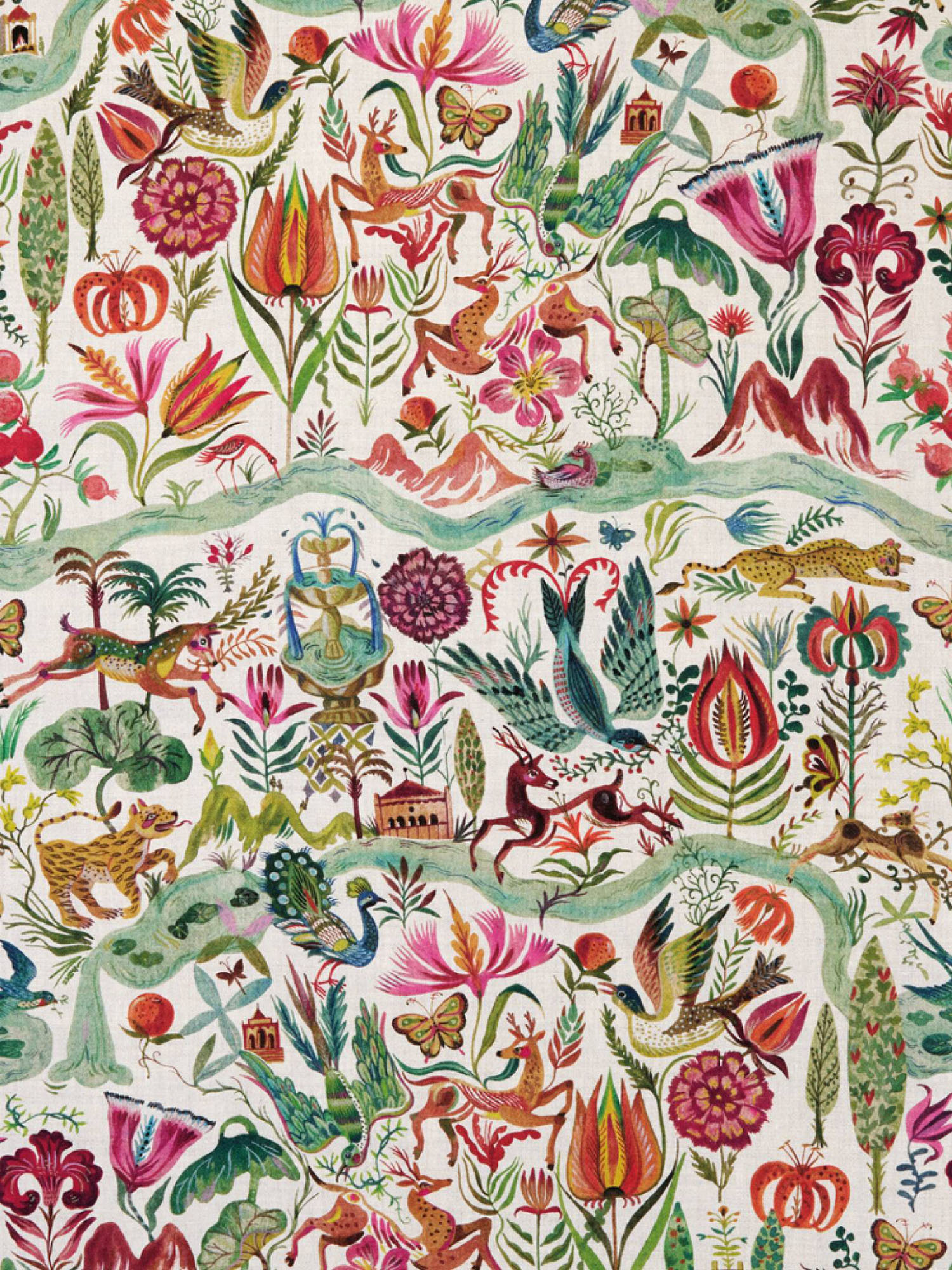 Colorful, intricate pattern featuring birds, flowers, butterflies, deer, and foliage in a lively, hand-painted style on a white background.