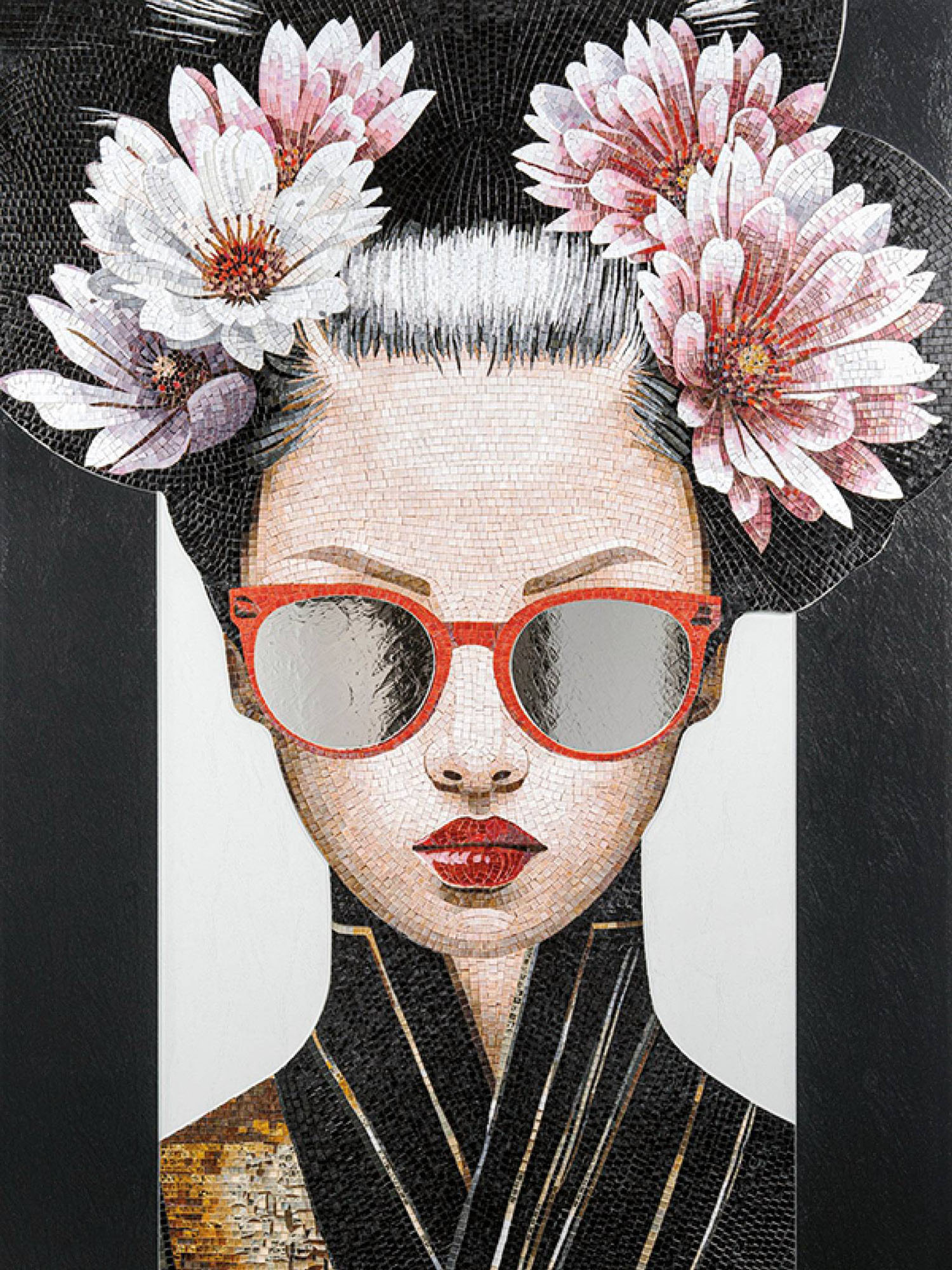 A portrait of a woman with red sunglasses, white and pink flowers in her hair, red lipstick, and a black patterned outfit against a black and white background.