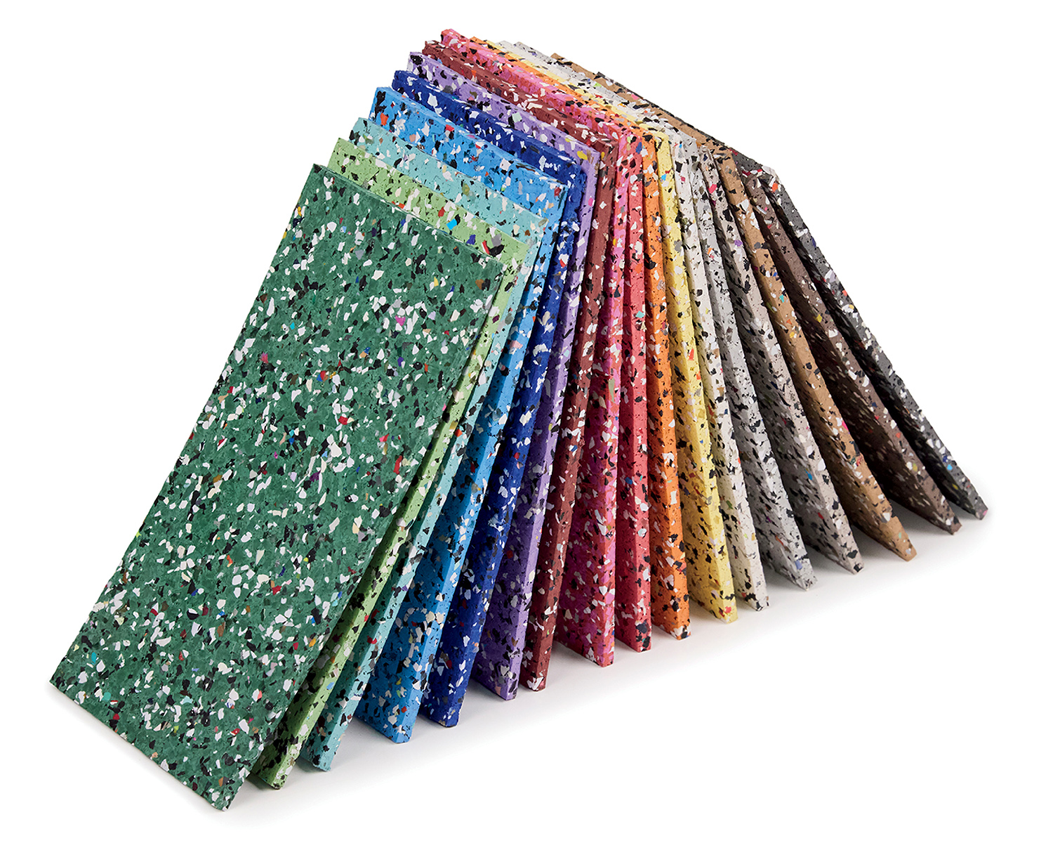 Several rectangular rubber flooring samples in various colors, arranged upright in a cascading row from green to brown, each with a speckled pattern.