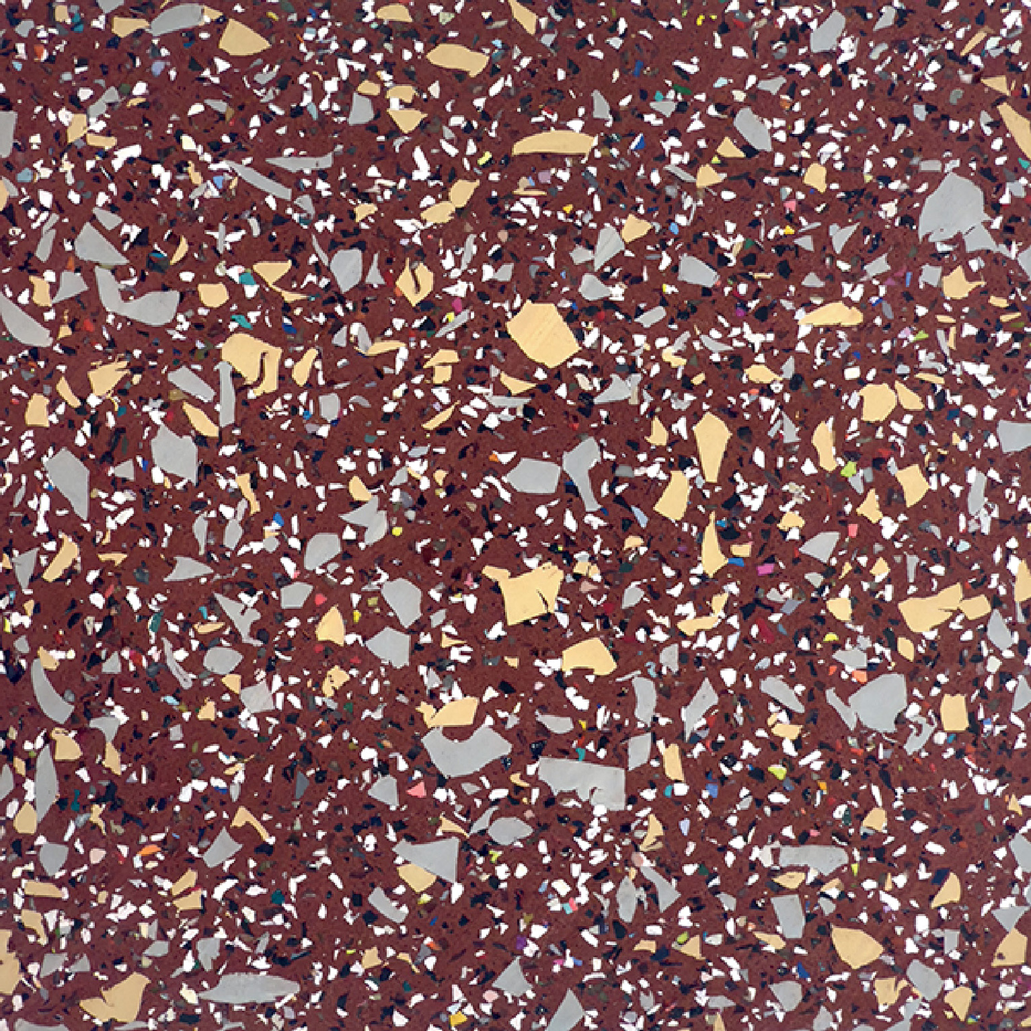 Brown terrazzo surface with scattered gray, beige, white, and multicolored stone and glass chips embedded throughout.