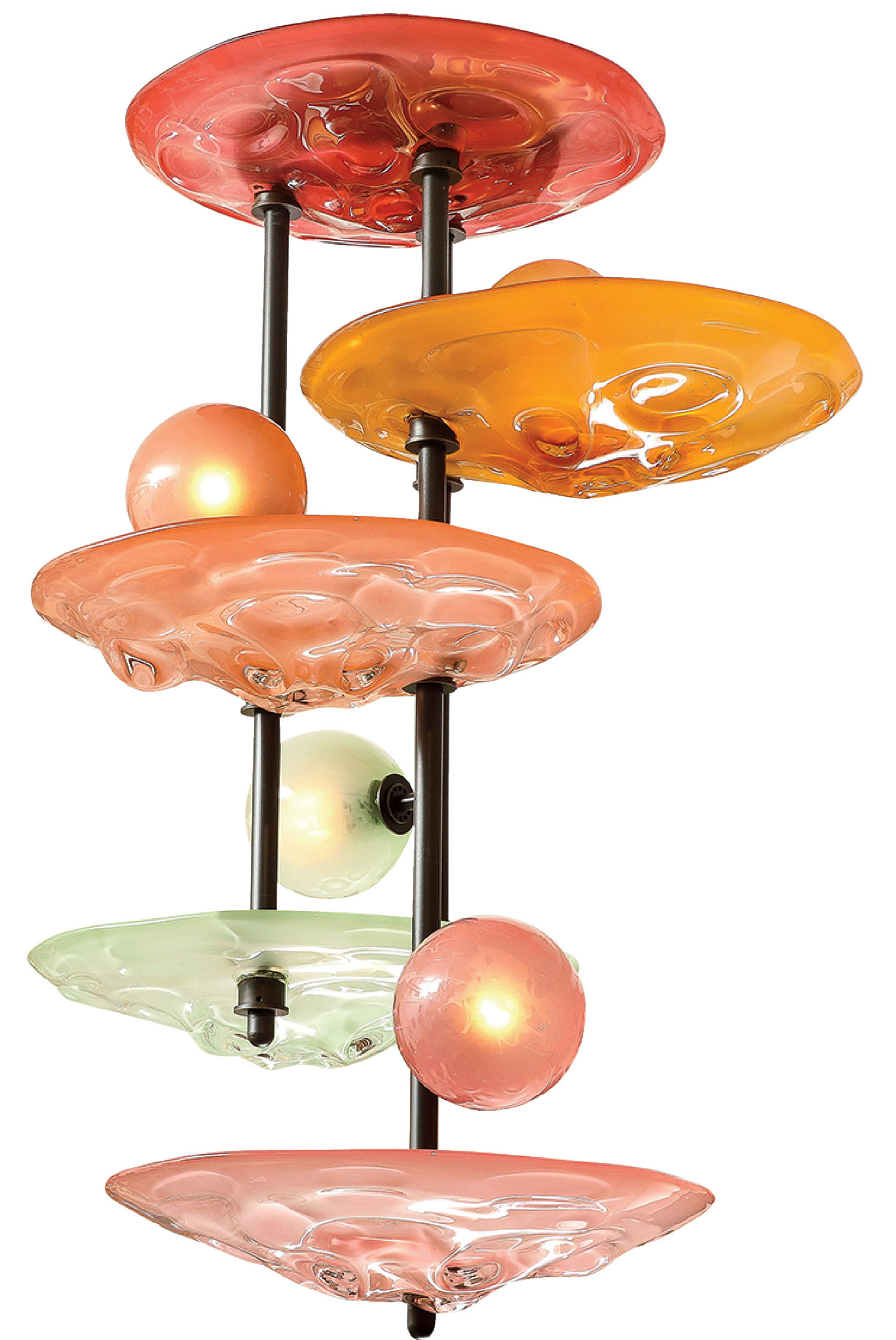 A hanging light fixture with five colorful, glass, disc-shaped shades in pink, orange, and green, each mounted on a black vertical rod with exposed light bulbs.