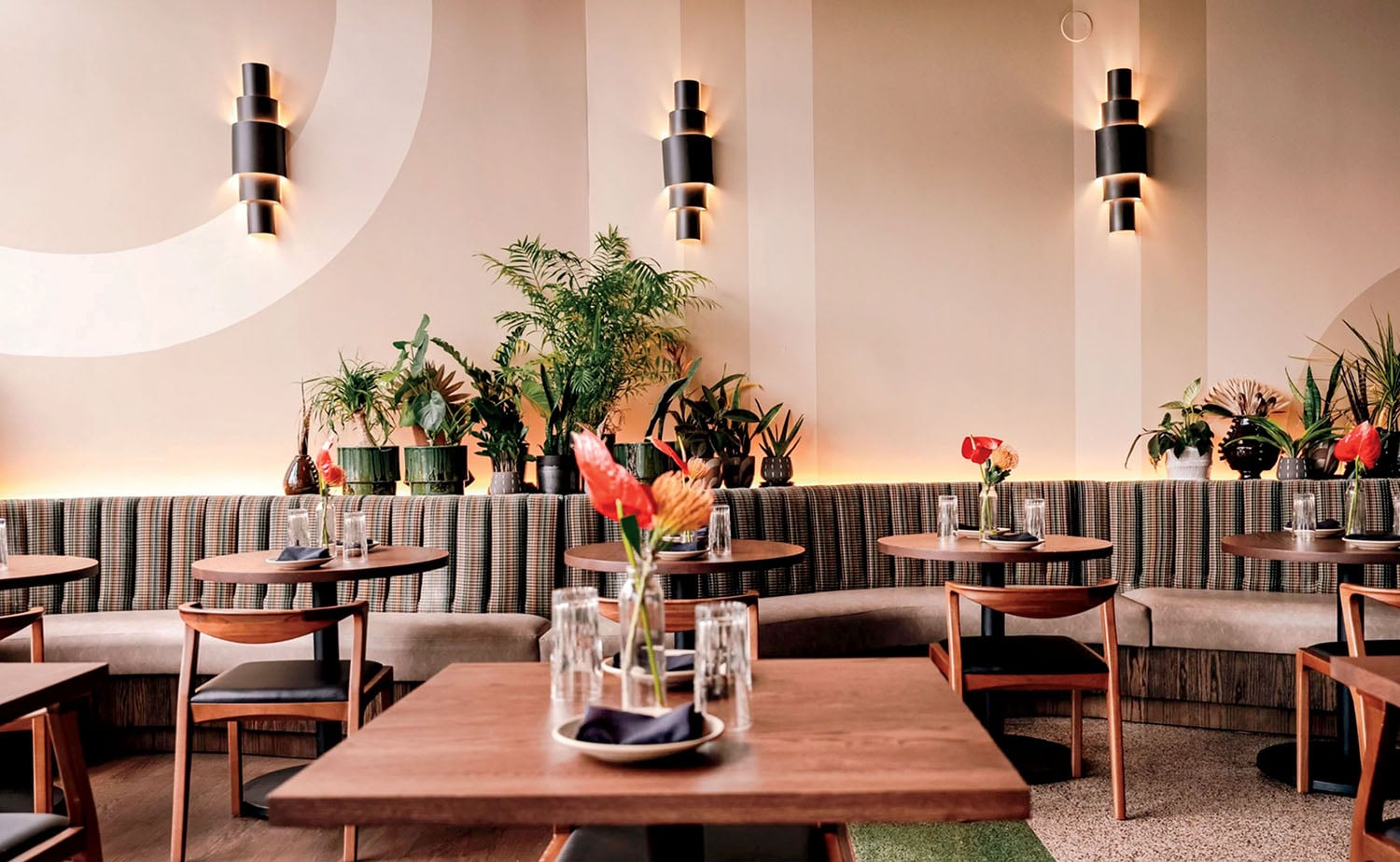 Modern restaurant interior with wooden tables, striped upholstered bench seating, wall-mounted light fixtures, and potted plants arranged along the back wall.