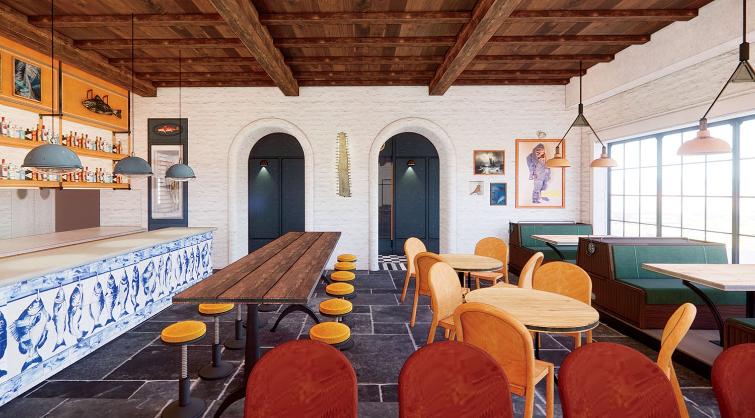 A restaurant with a long table and chairs.