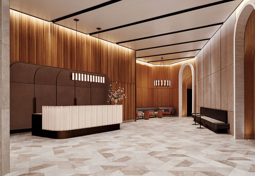 A lobby with a large marble floor.