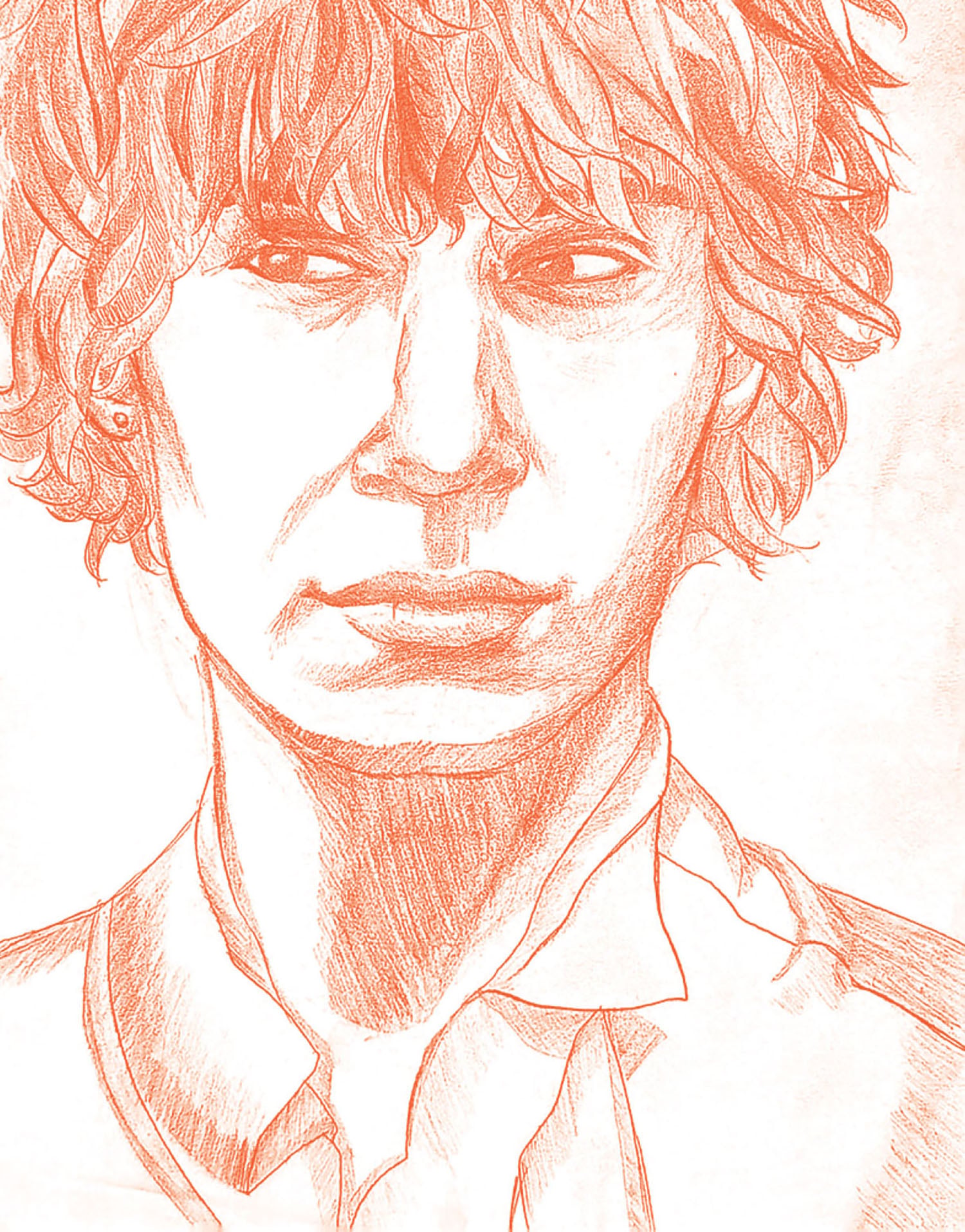 A drawing of a young man with a shirt on.
