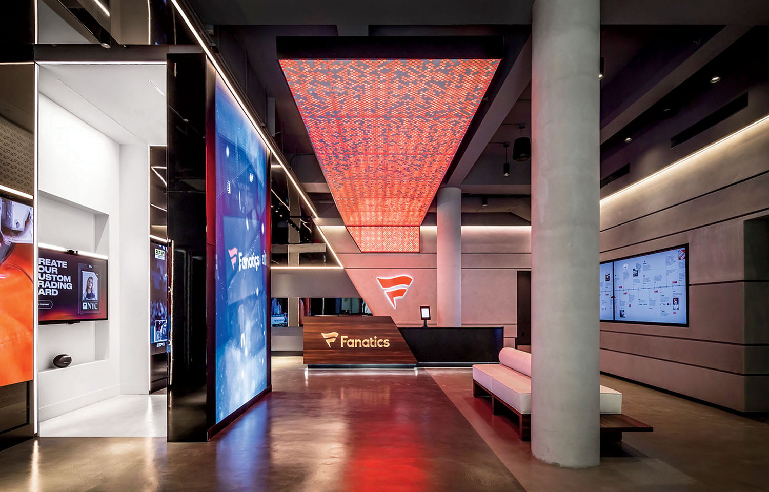 A long hallway with a red and blue ceiling.