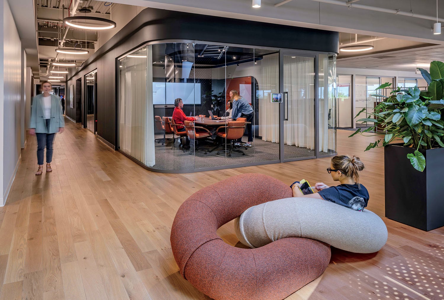 A large office with a large plant in the middle.