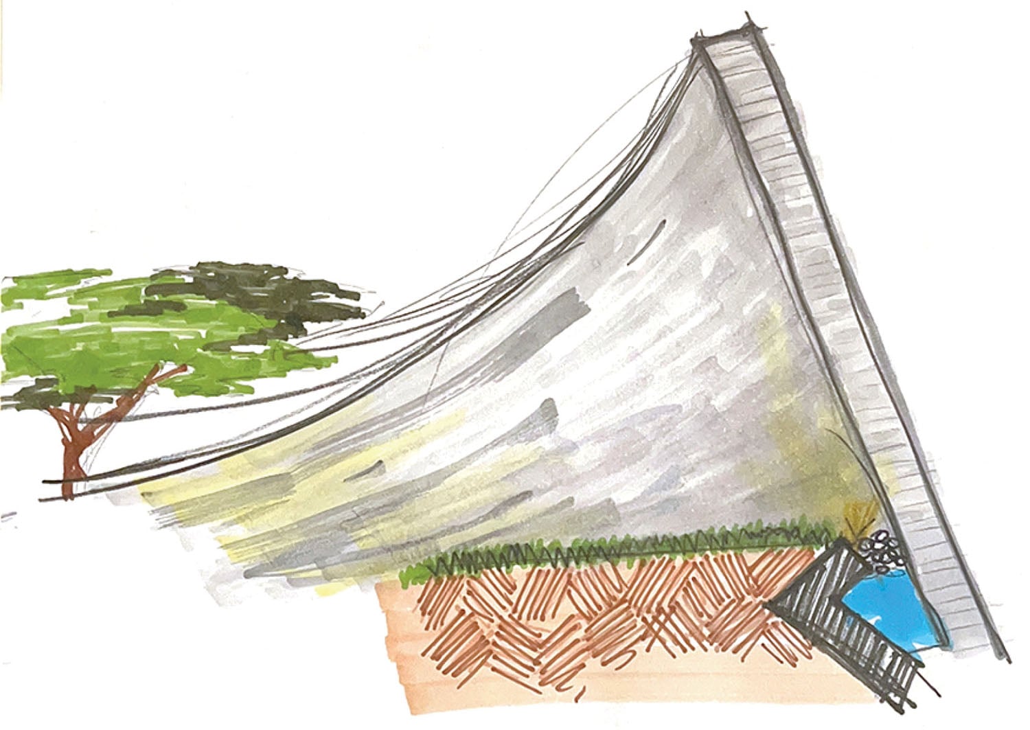 A drawing of a house with a tree in the corner.