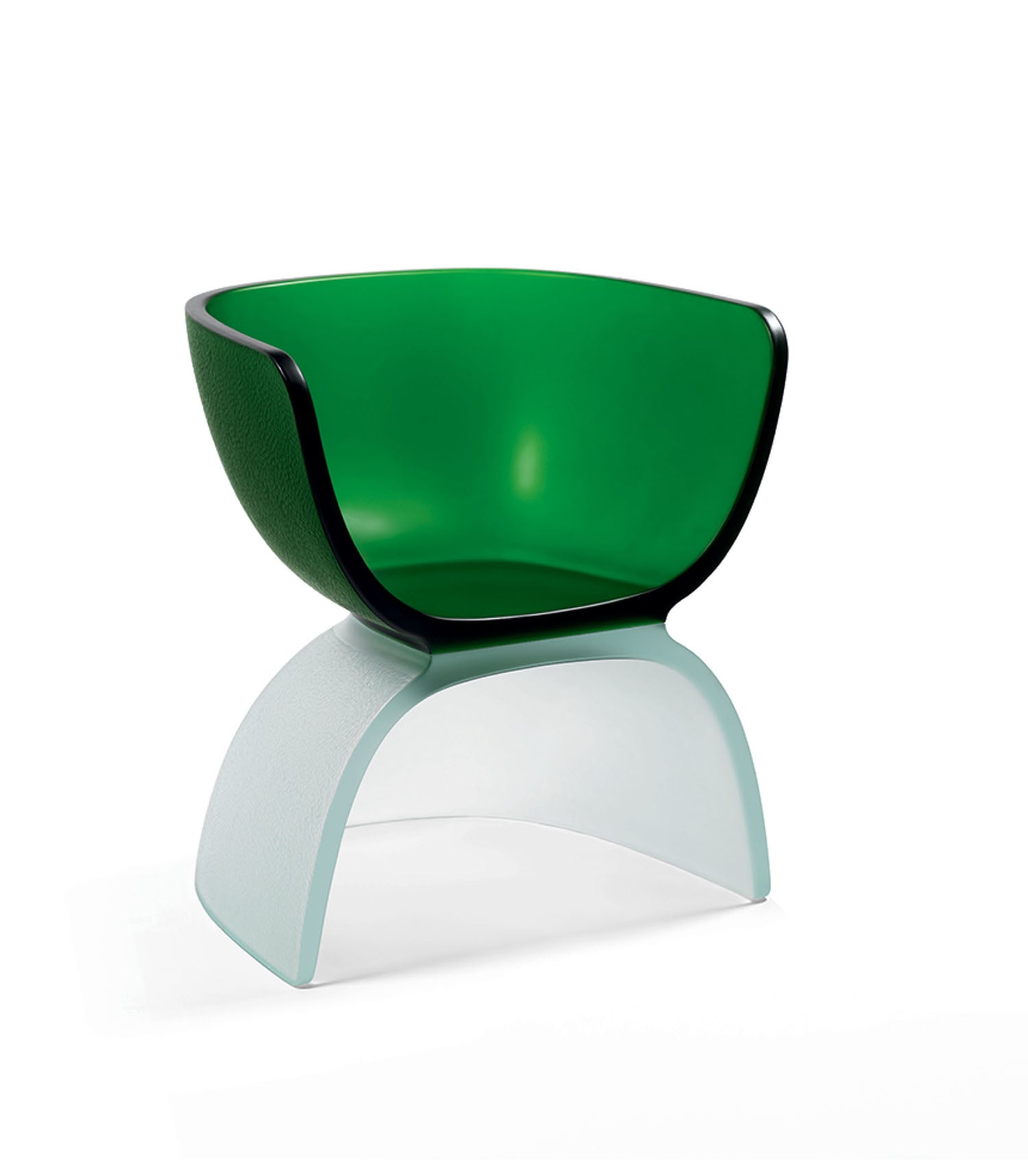 Modern chair with a translucent green seat and a curved, frosted white base, set against a plain white background.