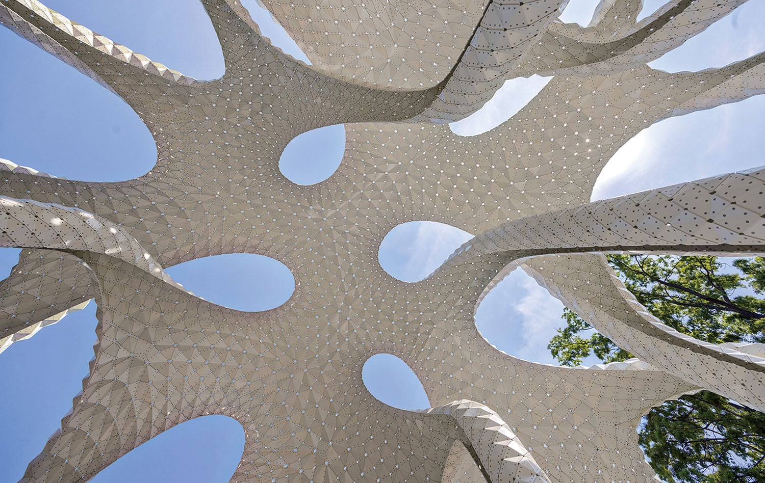 White geometric canopy with perforated patterns viewed from below against a blue sky, with tree branches visible on the right side.