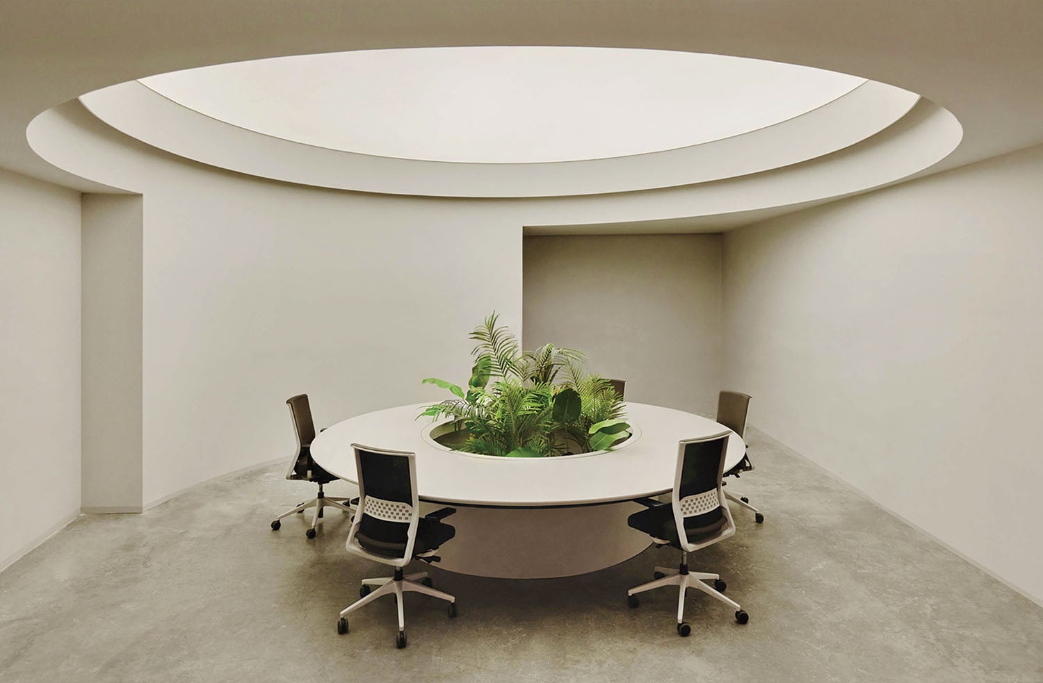 Minimalist office with a round white table, built-in planter with green plants at the center, four chairs, concrete floor, and a large circular skylight above.