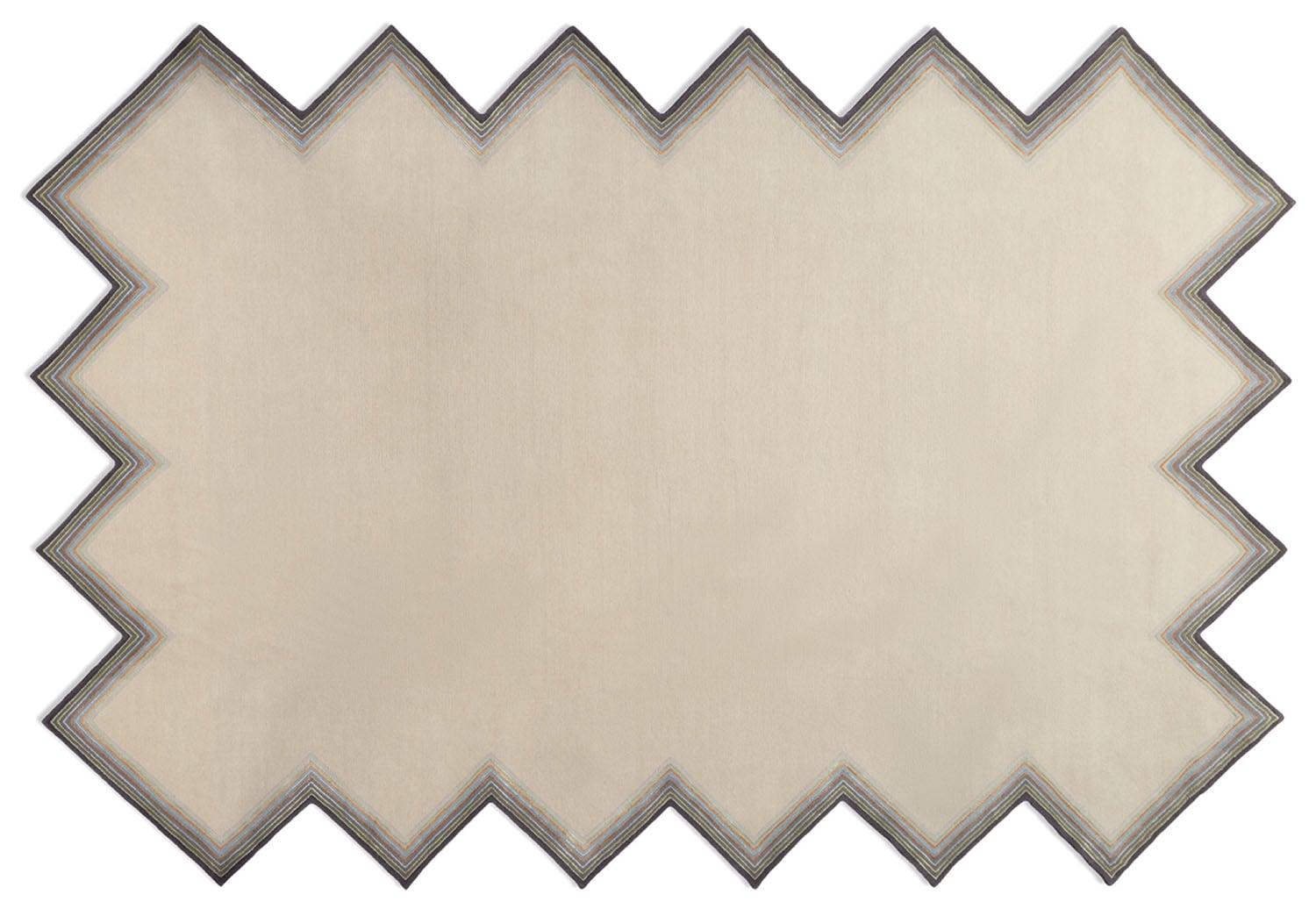 A rectangular beige rug with zigzag edges and a thin, dark border accentuating each point.