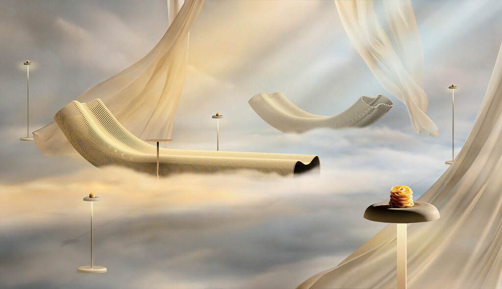 Surreal scene with two sculpted lounge chairs floating among clouds, sheer drapery, soft light, and small tables holding objects, creating a dreamlike atmosphere.