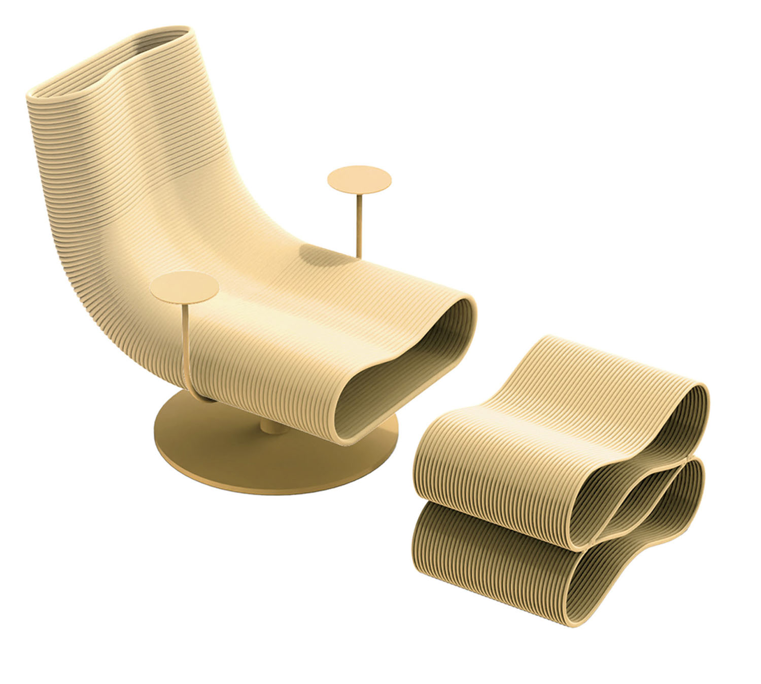 A modern beige lounge chair with wavy, ribbed design, matching footrest, and two small circular side tables attached to the armrests.