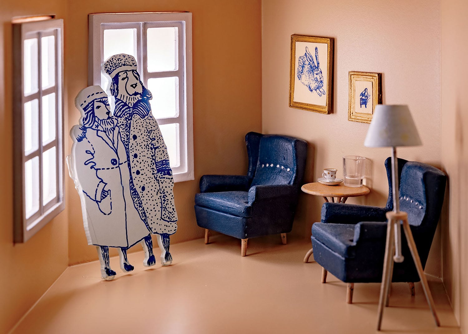 A doll is standing in a room with a chair.