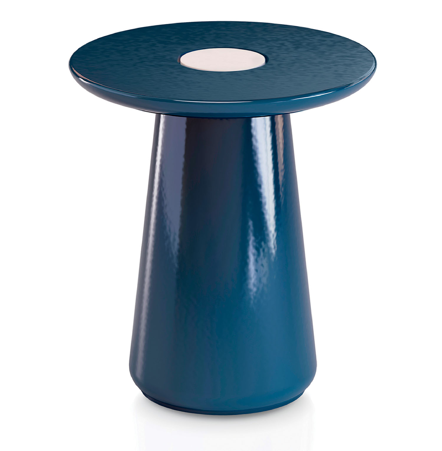 A small, round, blue side table with a wide top and a conical base, featuring a white circular accent in the center of the tabletop.