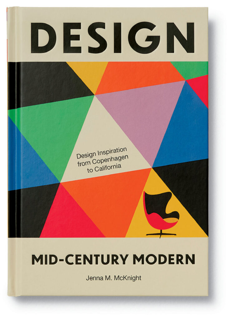 A book titled "Design: Mid-Century Modern" by Jenna M. McKnight, featuring a colorful geometric cover and a small illustration of a modern chair.