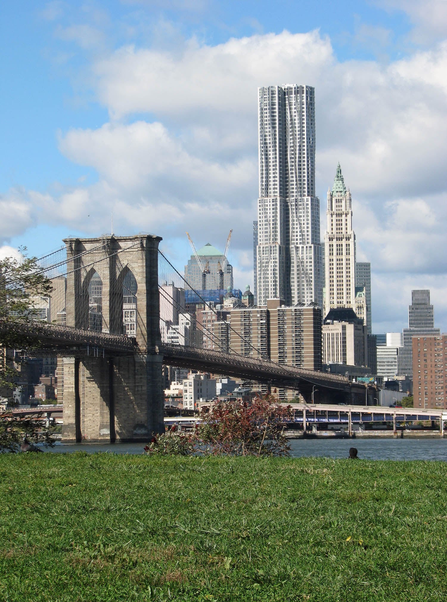 Brooklyn Bridge spans the East River with Manhattan skyscrapers in the background, seen from a grassy area under a partly cloudy sky.