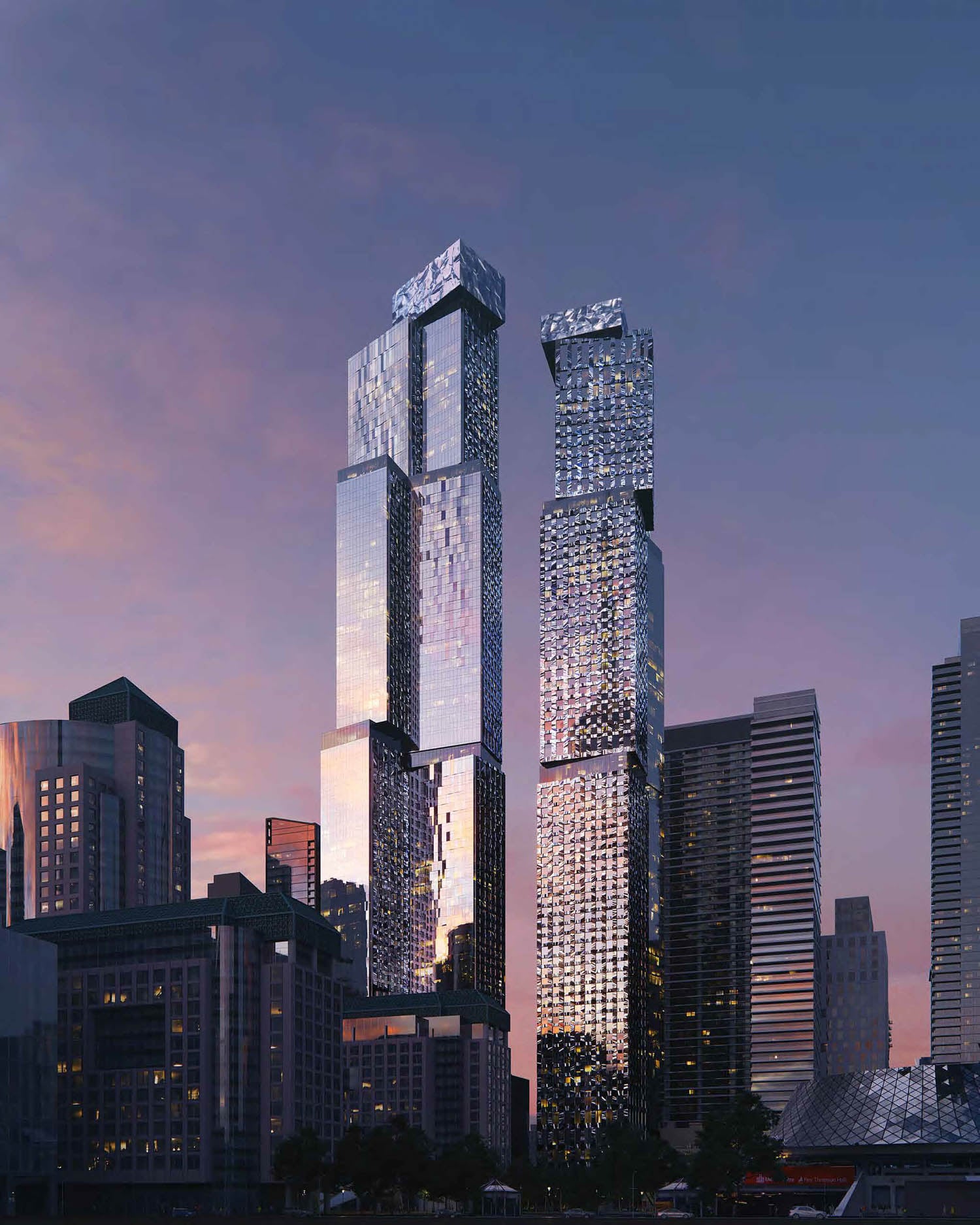Two modern high-rise buildings with irregularly stacked glass sections stand among other skyscrapers at sunset in an urban skyline.