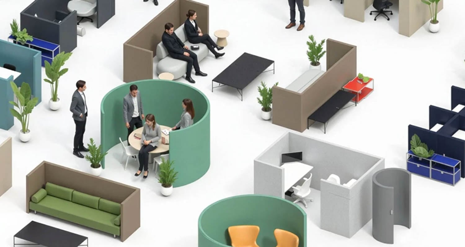 A modern office layout with people working and conversing in various open and semi-enclosed neocon-inspired workspaces, including tables, desks, sofas, and plants.