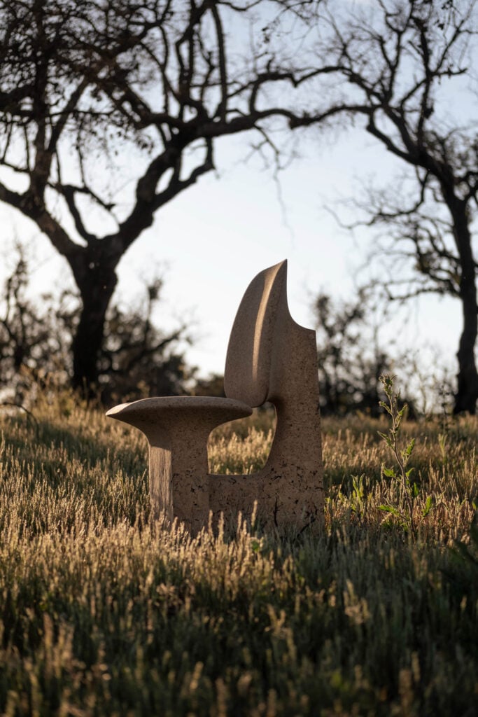 A sculptural stone chair sits in a grassy field, surrounded by tall grass and leafless trees under natural sunlight.