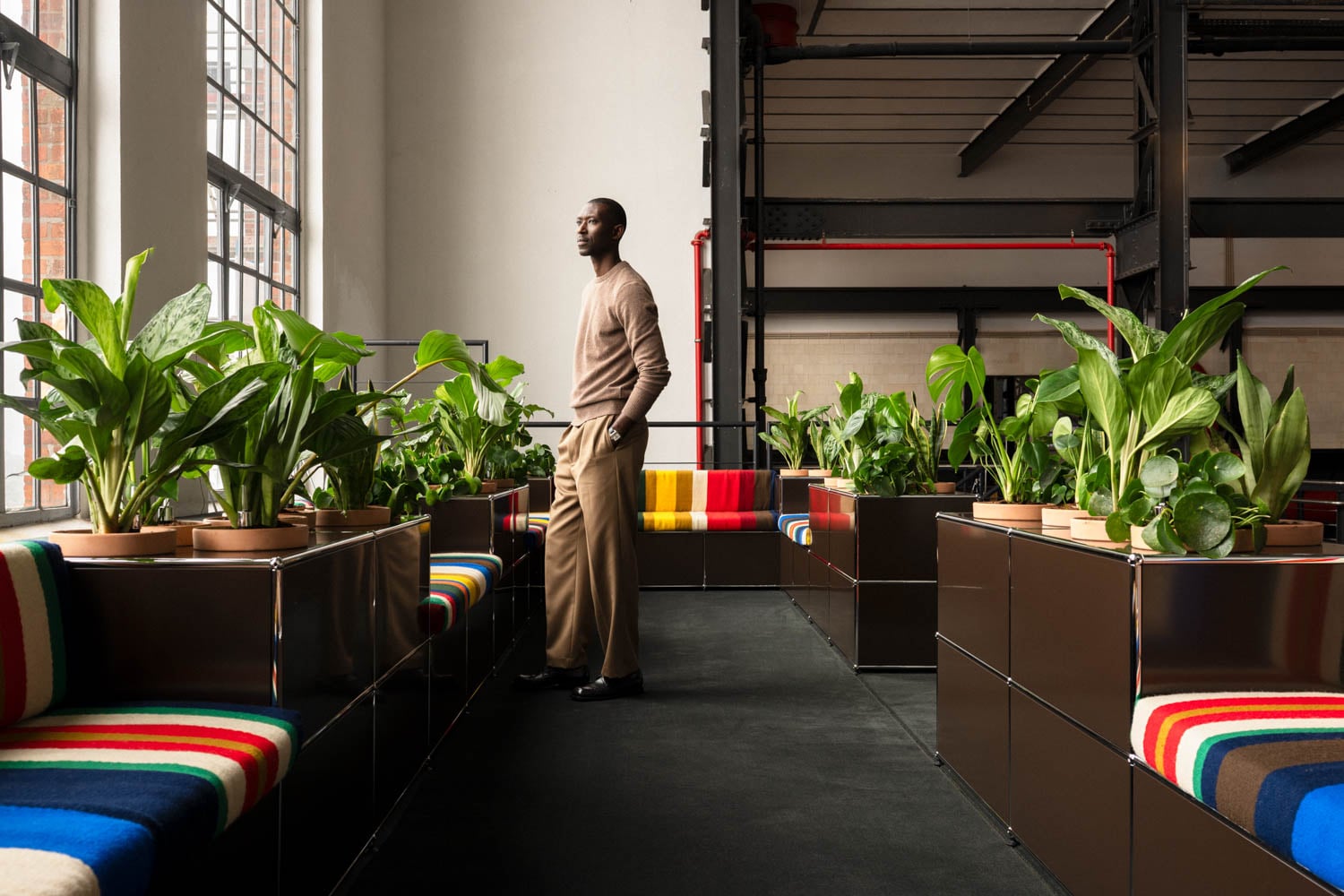 A person stands indoors by large windows, surrounded by green potted plants and colorful striped cushions on brown benches.